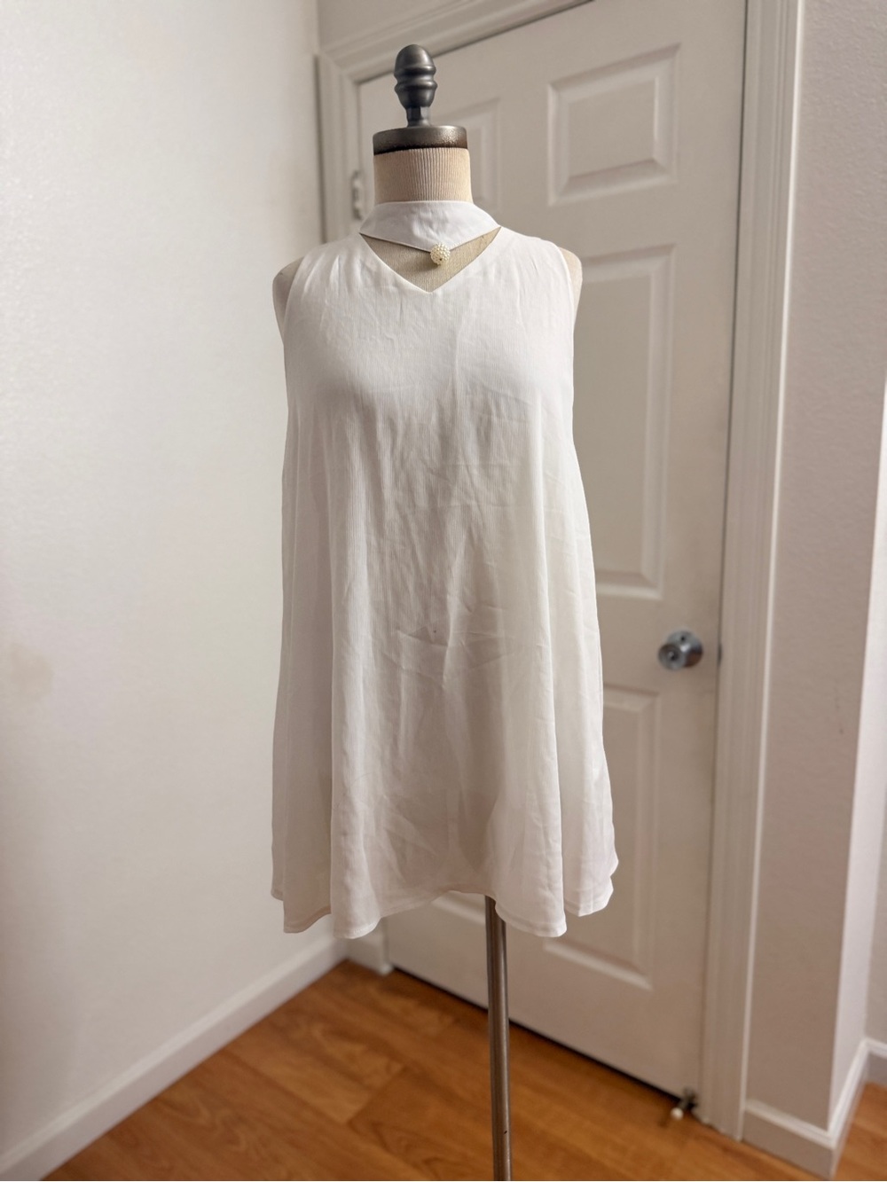 White Lightweight Sleeveless Shift Dress with Pearl Detailing